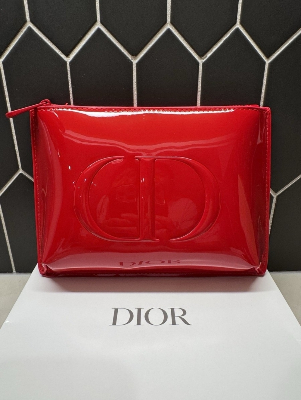 New Christian Dior Red Glossy Cosmetic Makeup Bag Pouch Clutch In Box